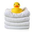 Rubber duck on white towels Royalty Free Stock Photo