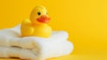 Rubber duck on a white towels Royalty Free Stock Photo