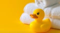 Rubber duck on a white towels Royalty Free Stock Photo