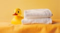 rubber duck on a white towels on a yellow background Royalty Free Stock Photo