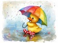 Rubber Duckie in colorful spring rain shower