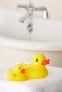 Rubber ducks in bathroom Royalty Free Stock Photo