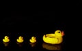 Rubber ducks on a black background with copy space, children\'s toys in the bathroom Royalty Free Stock Photo