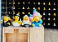 Rubber ducks stand on black shelves in different shapes and colors Royalty Free Stock Photo
