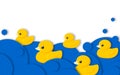 Holiday National Rubber Duck Day. Yellow cute ducklings have a water race in paper art style. Waterfowl on blue sea waves. Royalty Free Stock Photo