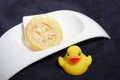 Rubber ducky, soap and towel Royalty Free Stock Photo