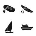 A rubber fishing boat, a kayak with oars, a fishing schooner, a motor yacht.Ships and water transport set collection