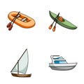 A rubber fishing boat, a kayak with oars, a fishing schooner, a motor yacht.Ships and water transport set collection Royalty Free Stock Photo