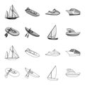 A rubber fishing boat, a kayak with oars, a fishing schooner, a motor yacht.Ships and water transport set collection