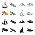 A rubber fishing boat, a kayak with oars, a fishing schooner, a motor yacht.Ships and water transport set collection Royalty Free Stock Photo