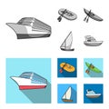 A rubber fishing boat, a kayak with oars, a fishing schooner, a motor yacht.Ships and water transport set collection Royalty Free Stock Photo