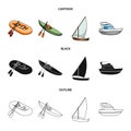 A rubber fishing boat, a kayak with oars, a fishing schooner, a motor yacht.Ships and water transport set collection Royalty Free Stock Photo