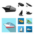 A rubber fishing boat, a kayak with oars, a fishing schooner, a motor yacht.Ships and water transport set collection Royalty Free Stock Photo