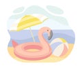 Rubber Flamingo Swimming Ring, Ball and Umbrella on Sandy Beach at Summer Seaside Vector Illustration Royalty Free Stock Photo