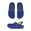 Rubber flip flops in blue. Top view and side. Summer aqua shoes with holes and strap on the heel.Silicone slates for children and Royalty Free Stock Photo