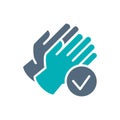 Rubber gloves with tick checkmark colored icon. Hand protective, infection prevention symbol Royalty Free Stock Photo