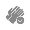 Rubber gloves with tick checkmark gray icon. Hand protective, infection prevention symbol