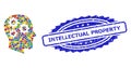 Rubber Intellectual Property Seal and Multicolored Mosaic Brain Gears Royalty Free Stock Photo
