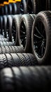 Rubber inventory Close up of bulk car tires in store, tire shop backdrop