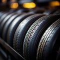 Rubber inventory Close up of bulk car tires in store, tire shop backdrop