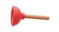 A rubber plunger with a wooden handle is shown on a white background. The rubber cup Royalty Free Stock Photo