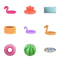 Rubber pool ring icon set, cartoon style