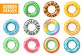 Rubber rings. Swimming inflatable kids toys, float colorful lifesaver ring. Realistic vector set