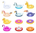 Rubber rings. Swimming ring, inflatable lifesaver for pool. Isolated sea rescue floater, unicorn, donut and duck. Vector