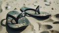 Rubber slippers, flip flops on the sand of the beach. AI generated. Royalty Free Stock Photo