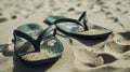 Rubber slippers, flip flops on the sand of the beach. AI generated. Royalty Free Stock Photo