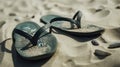 Rubber slippers, flip flops on the sand of the beach. AI generated. Royalty Free Stock Photo