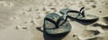 Rubber slippers, flip flops on the sand of the beach. AI generated. Royalty Free Stock Photo