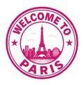 Rubber stamp design featuring the Eiffel Tower with a warm welcome to Paris in vibrant red vector art Royalty Free Stock Photo