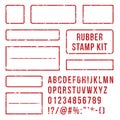 Rubber stamp letters. Red stamps frame and letterpress symbols with font numbers. Marks kit vector set Royalty Free Stock Photo