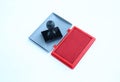 Rubber stamp and Red Ink cartridges on white background