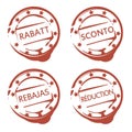 Rubber stamp with word discount in german, french, spanish and italian