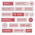 Rubber stamps. Official compliance resolution stamp, verified secret statues and accepted or rejected mark. Yes and no Royalty Free Stock Photo