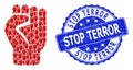 Rubber Stop Terror Round Stamp and Fractal Clenched Fist Icon Mosaic