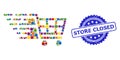 Rubber Store Closed Stamp and Multicolored Collage Supermarket Cart