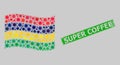 Grunge Super Coffee Stamp Seal and Waving Sunny Mauritius Flag Mosaic with Suns