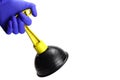 Rubber toilet plunger in hand with glove isolated on white Royalty Free Stock Photo