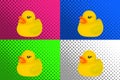 rubber yellow baby ducks for swimming in pop art style on background, concept of mass culture aimed at entertainment, four colored Royalty Free Stock Photo