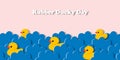 Holiday National Rubber Duck Day. Yellow cute ducklings have a water race in paper cut style. Royalty Free Stock Photo