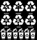 Rubbish bin icons with different types of garbage: Organic, Plastic, Metal, Paper, Glass, E-waste for recycling concept in flat