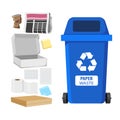 Rubbish bin for recycling different types of waste. Garbage container for paper trash vector infographics