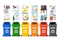 Rubbish bins for recycling different types of waste. Garbage containers vector infographics