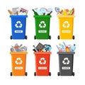 Rubbish bins for recycling different types of waste. Garbage containers vector infographics