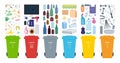Rubbish bins for recycling different types of waste. Sort plastic, organic, e-waste, metal, glass, paper. Vector illustration. Royalty Free Stock Photo