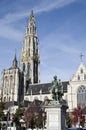 Rubens statue in front of gothic carhedral in Atnwerp