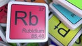 Rubidium Rb block on the pile of periodic table of the chemical elements blocks. Chemistry related 3D rendering
